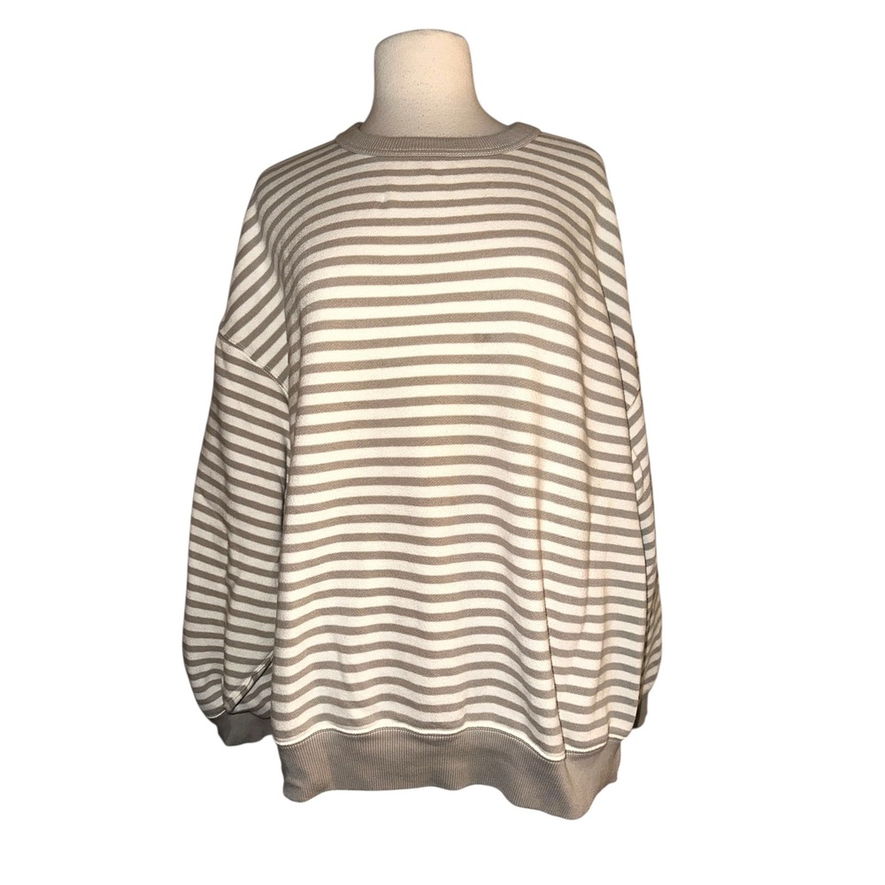 aerie Cream and Taupe Striped Oversized Sweatshirt